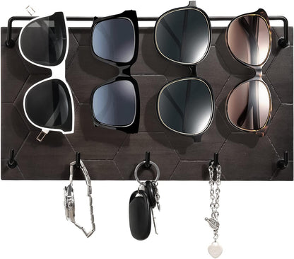 Emibele Sunglass Organizer Wall Key Holder,Decorative Wood Wall Organizer | Glasses & Sunglass Holder Display with 5 Hooks Key Rack Hanging Eyeglass Storage for Entryway Living Room