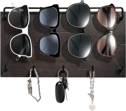 Emibele Sunglass Organizer Wall Key Holder,Decorative Wood Wall Organizer | Glasses & Sunglass Holder Display with 5 Hooks Key Rack Hanging Eyeglass Storage for Entryway Living Room