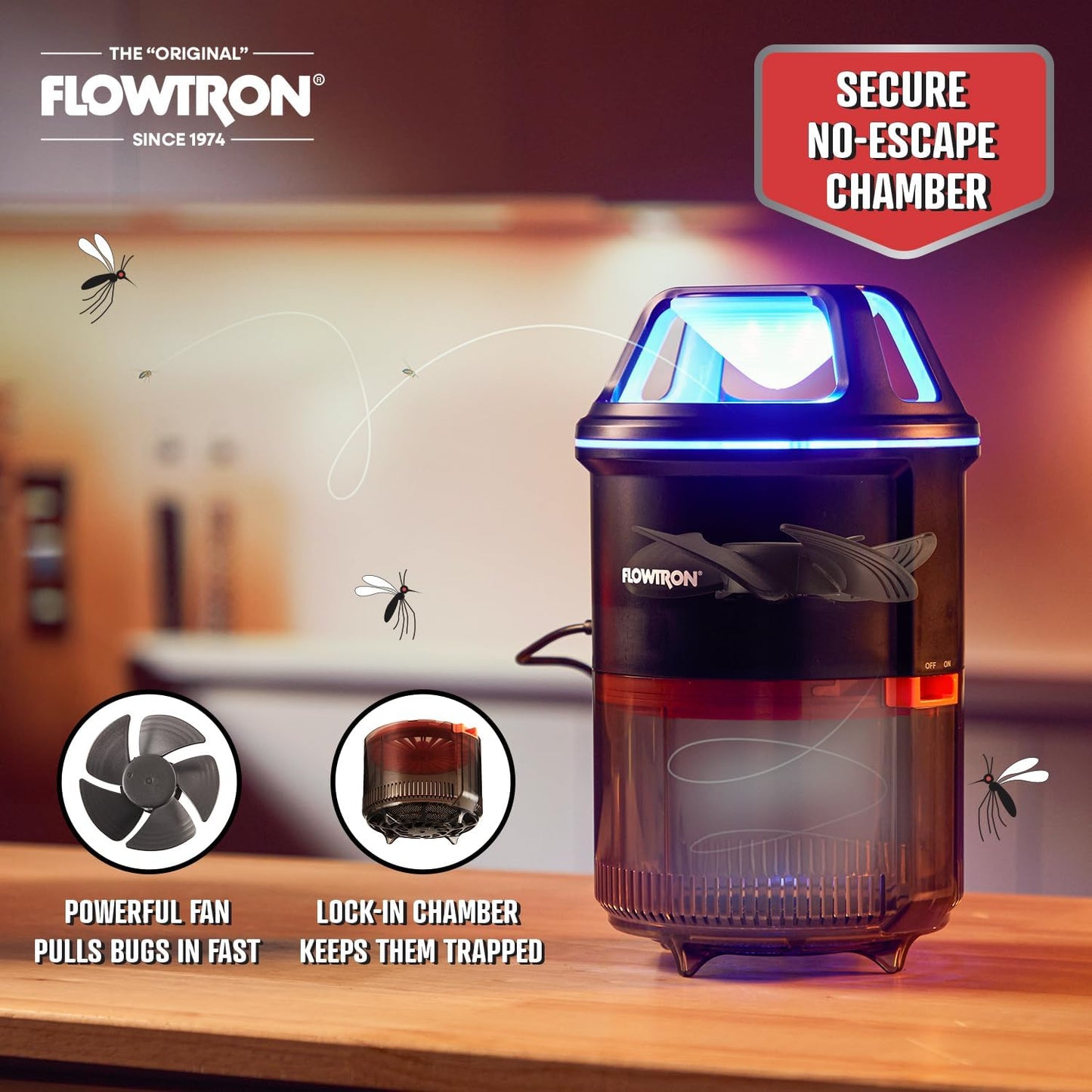 Flowtron Indoor Bug Trap | UV Light Mosquito Trap with Fan, 860 Sq Ft Coverage, USB-C Powered Insect Catcher for Kitchen, Bedroom, Restaurant | Quiet Fly Trap for Indoor Use