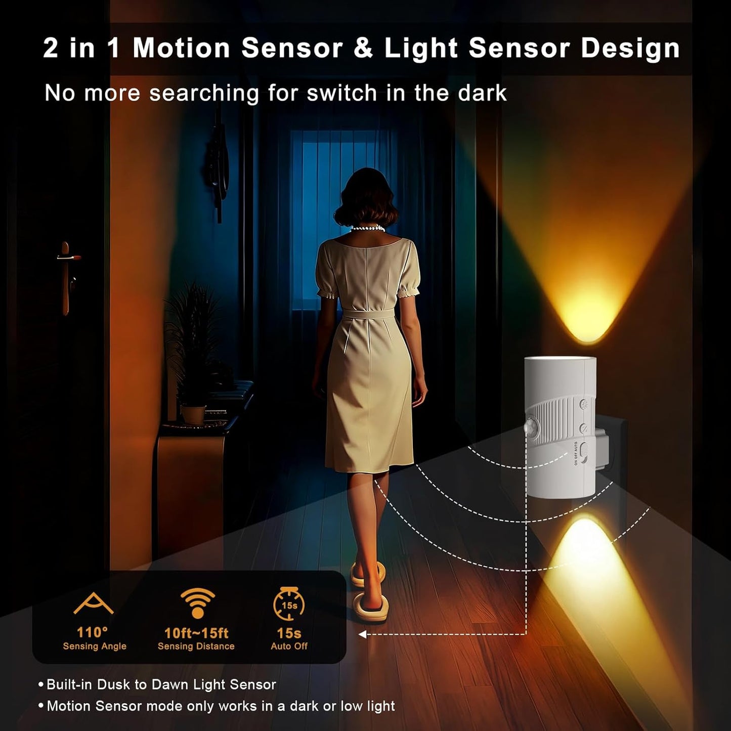 easuntec Motion Sensor Night Light, Night Lights Plug into Wall, Motion Sensor & Dusk to Dawn Sensor, 3 Light Modes, Dimmable Night Light for Bedroom Bathroom Hallway Stair (Black, 2 Pack)