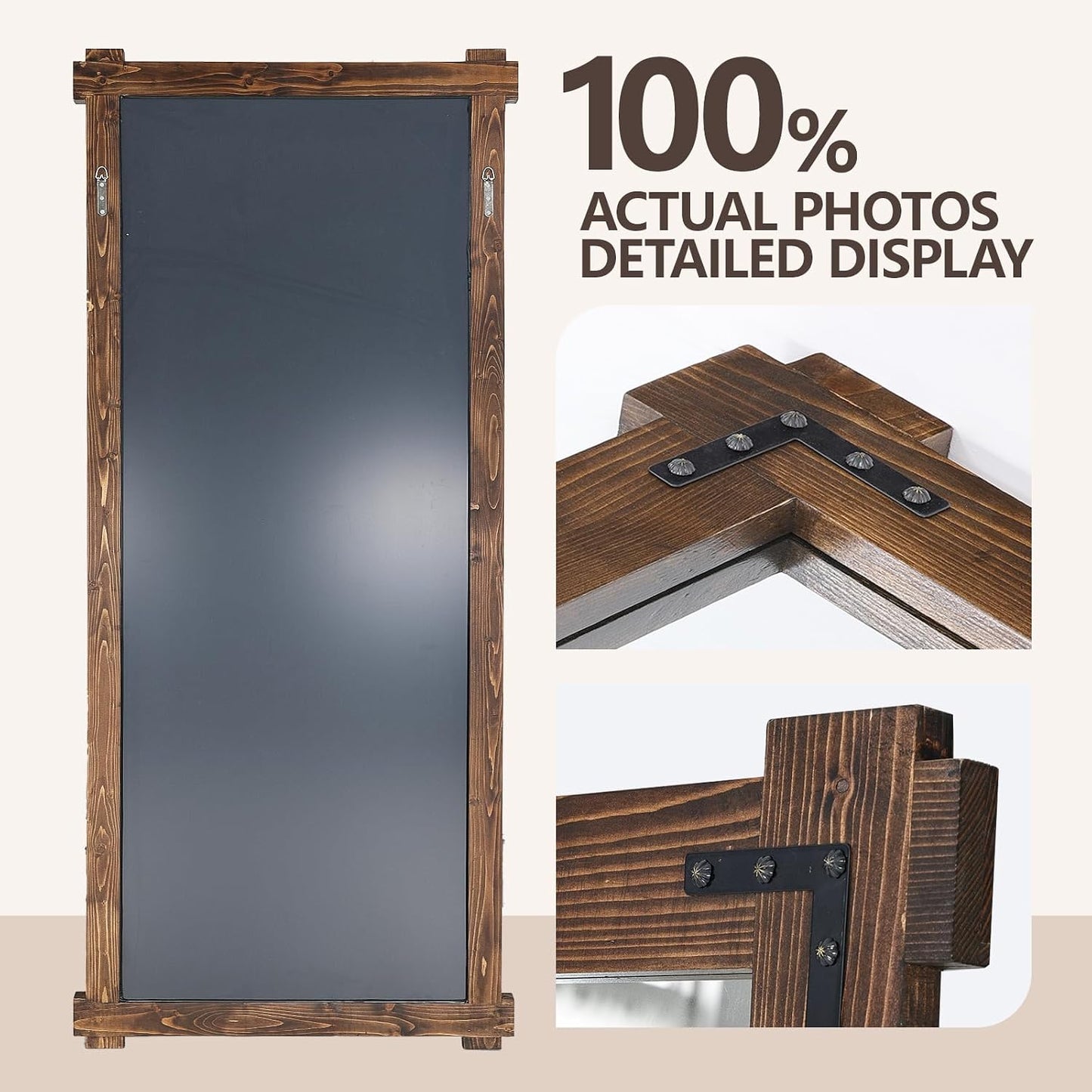 65x24 Inch Full Length Mirror, Pine Frame Full Body Standing Mirror with Metal Decorative, Black