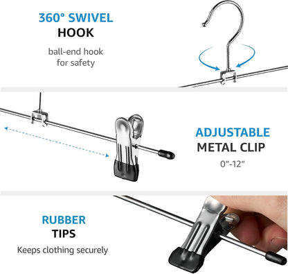 ZOBER Metal Pants Hangers with Clips - Pack of 20 Space Saving Skirt Hangers for Women - Chrome, Non-Slip, Adjustable Clips, for Pants, Skirts, Jeans Closet Organization, College Dorm Essentials