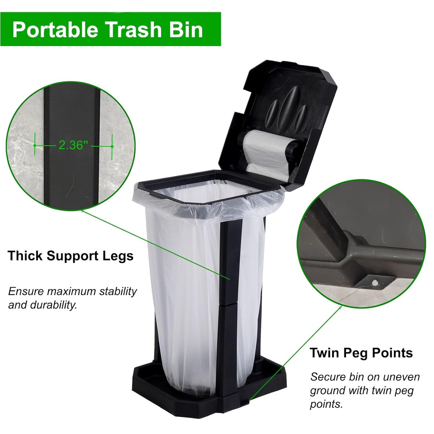 HolaKit Collapsible Trash Bag Holder with Reinforced Legs and Bonus Inner Storage Compartment, Portable Trash Can, Outdoor Waste Bin with 20 Bags Included for Camping, RV, Picnic, and Home Use
