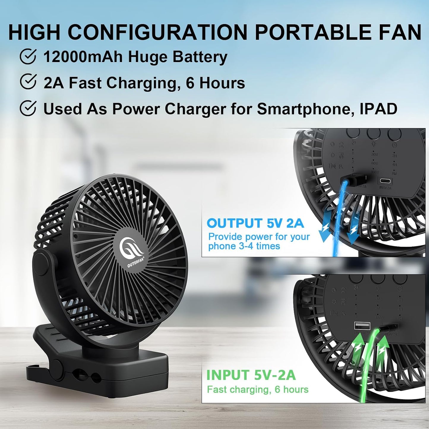 Portable Fan with Remote Control & Timer & LED Lights, 60hrs 12000mAh USB Rechargeable Battery，Clamp/Hanging/Stand Up, Small Clip on Fan for Baby Stroller, Bed, Desk, Camping Tent, Travel