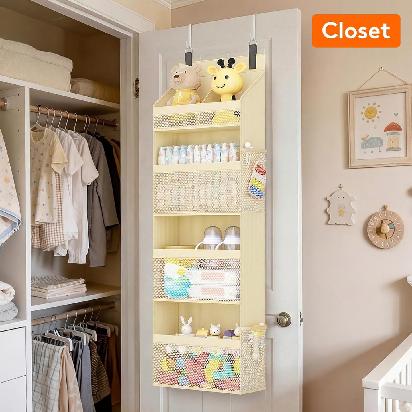 Lifewit 4 Tier Over the Door Diaper Organizer for Nursery, Large Heavy Duty Hanging Storage with 4 Mesh Side Pockets, Sturdy Back of Door Shelf for Baby Stuff Toy in Pantry, Laundry, Bathroom, Gray