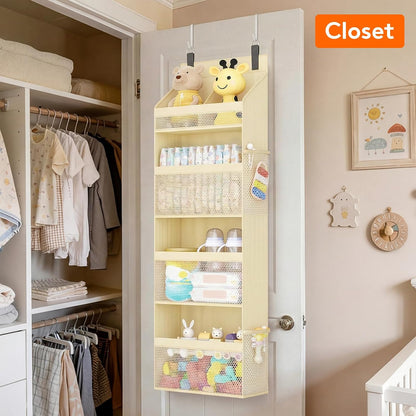 Lifewit 4 Tier Over the Door Diaper Organizer for Nursery, Large Heavy Duty Hanging Storage with 4 Mesh Side Pockets, Sturdy Back of Door Shelf for Baby Stuff Toy in Pantry, Laundry, Bathroom, Gray