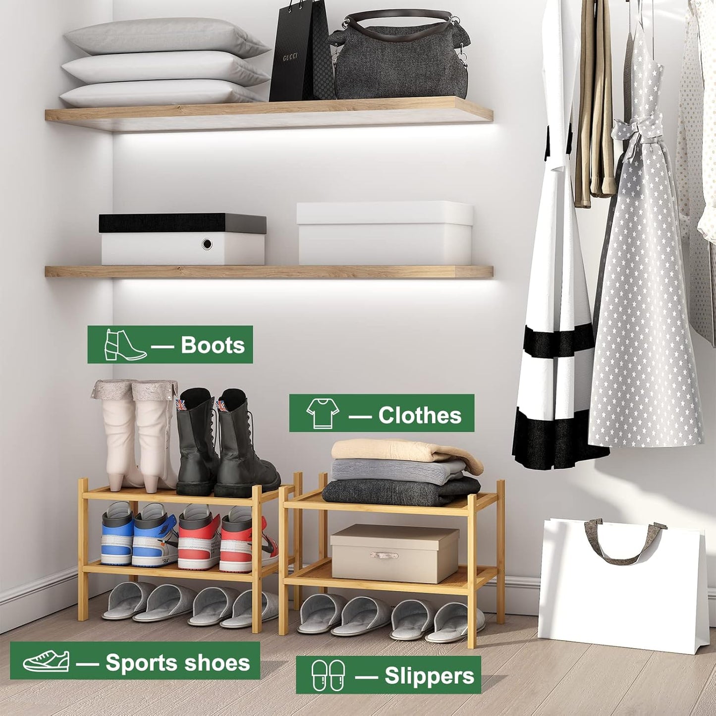 kiplant Small Shoe Rack, 4-Tier Bamboo Wood Shoe Rack for Entryway, Stackable Shoe Organizer for Hallway Closet, Free Standing Shoe Racks for Indoor & Outdoor
