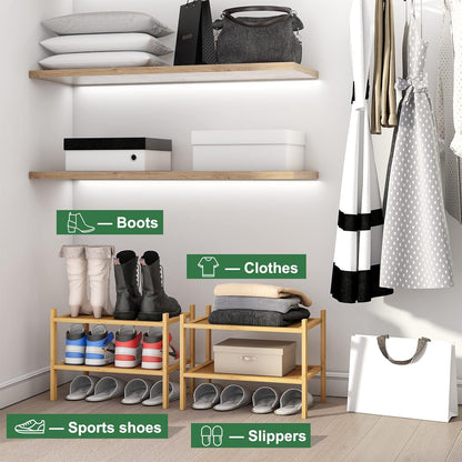 kiplant Small Shoe Rack, 4-Tier Bamboo Wood Shoe Rack for Entryway, Stackable Shoe Organizer for Hallway Closet, Free Standing Shoe Racks for Indoor & Outdoor