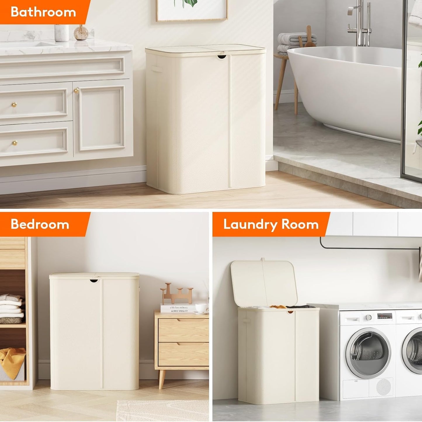 Lifewit 185L 3 Section Laundry Hamper with Lid, Large Laundry Basket with Handles and Removable Bags, Tall Clothes Hamper, Foldable Laundry Sorter for Bedroom Bathroom, Beige