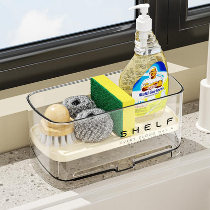 Sponge Holder for Kitchen Sink, Clear Acrylic Sink Organizer with Auto-Draining Tray, Countertop Sink Caddy for Sponges, Soap, Brush & Cleaning Tools