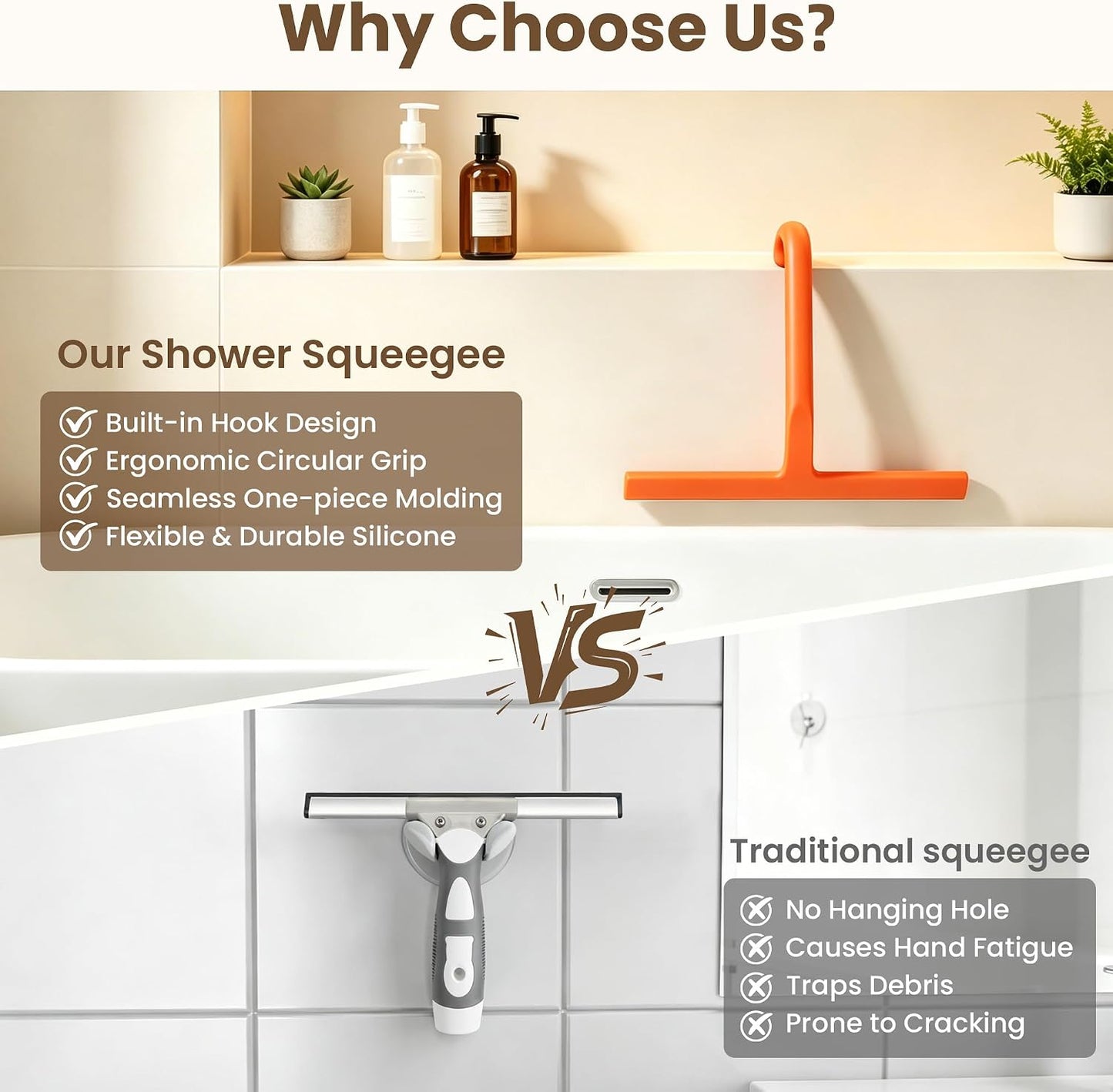 Shower Squeegee for Glass Doors - 10 Inch Bathroom Squeegee with Ergonomic Round Grip, Built-in Hook, Streak-Free No-Squeak Silicone Blade for Shower Glass, Tile Walls, Mirrors & Windows, Black