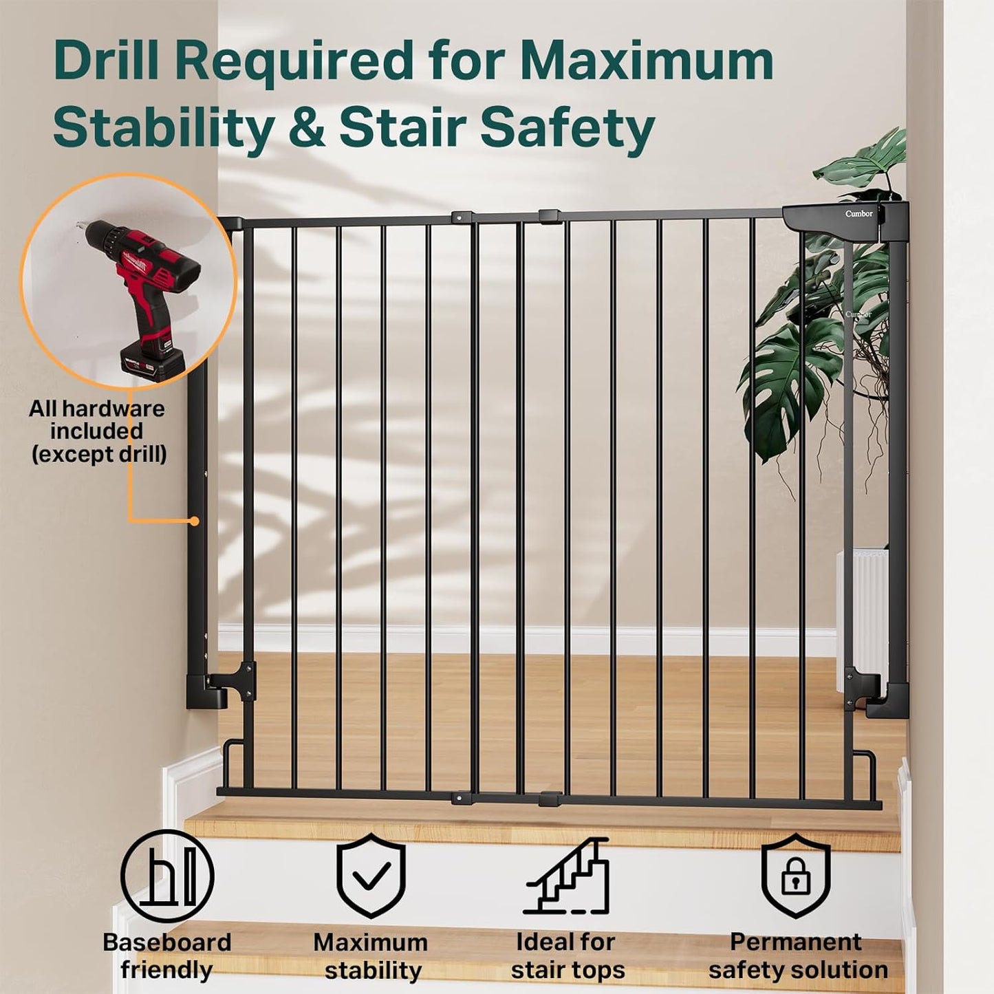 Cumbor 29.2–43" Baby Gate for Stairs, Hardware Mounted (Drill Required), Expandable No Bottom Bar Dog Gate, Auto Close Extra Wide Walk Thru, Pet & Toddler Proof Gate, Top & Bottom of Stairways (White)