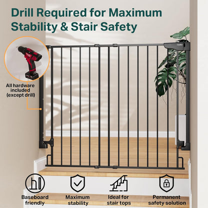 Cumbor 29.2–43" Baby Gate for Stairs, Hardware Mounted (Drill Required), Expandable No Bottom Bar Dog Gate, Auto Close Extra Wide Walk Thru, Pet & Toddler Proof Gate, Top & Bottom of Stairways (White)