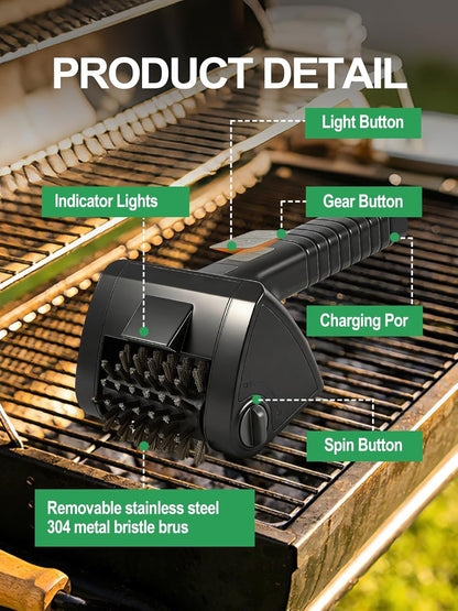 Electric Grill Brush, Cordless Rechargeable BBQ Cleaner with 4000mAh Battery, 2-Speed, LED Light, 304 Stainless Steel Removable Brush Head, Grill Clean Tool for Outdoor Grill