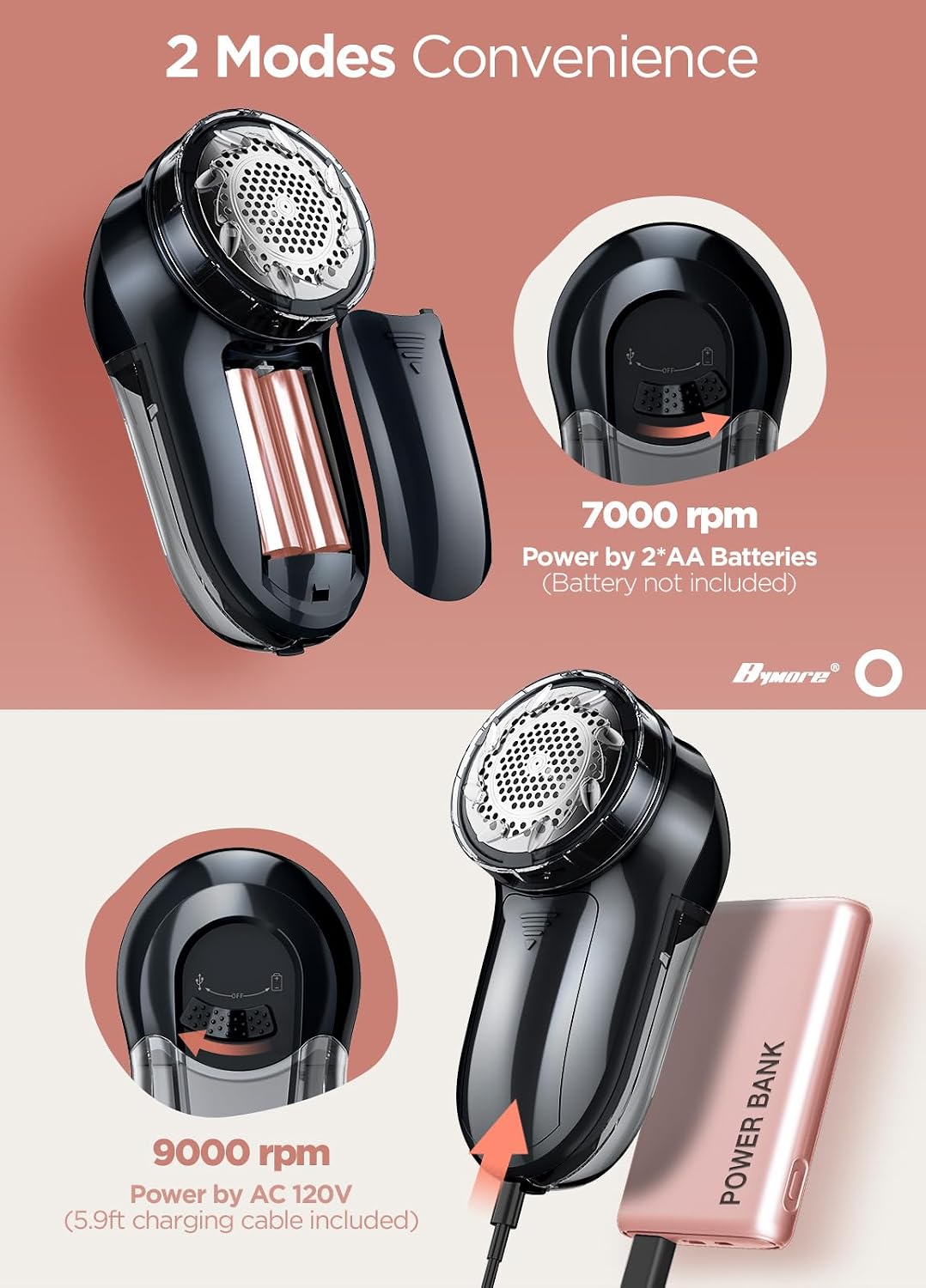 Bymore Fabric Shaver Lint Shaver for Clothes, Dual Power Lint Remover with Battery or Corded Use, Portable Sweater Shaver for Clothing, Furniture & Travel