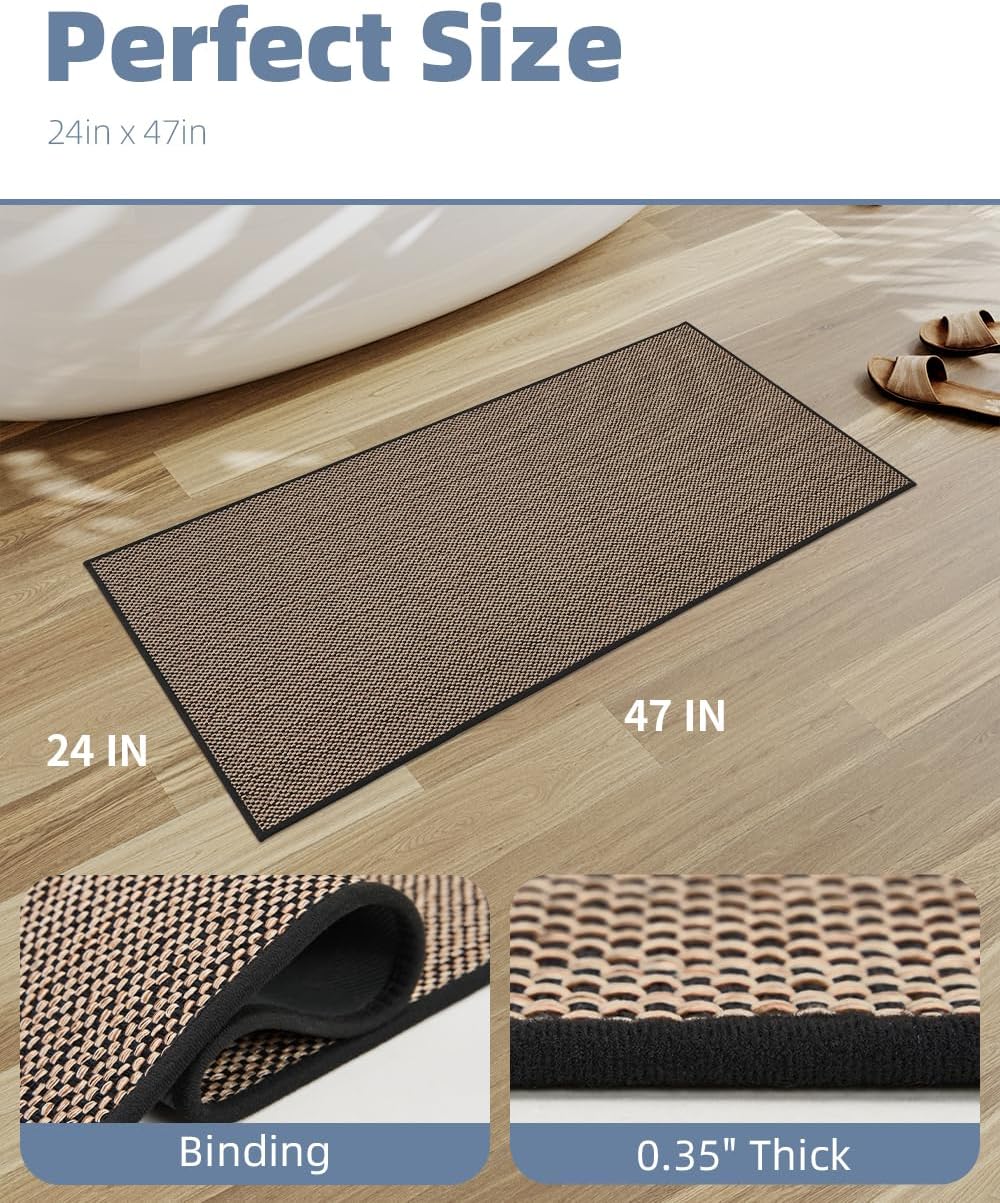 PADOOR Non-Slip Bath Mat With Rubber-Backing, Braided Absorbent Machine Washable Thin Rug for Bathroom Floor, Quick Dry, Fits Under Door, 17''x24'' Beige