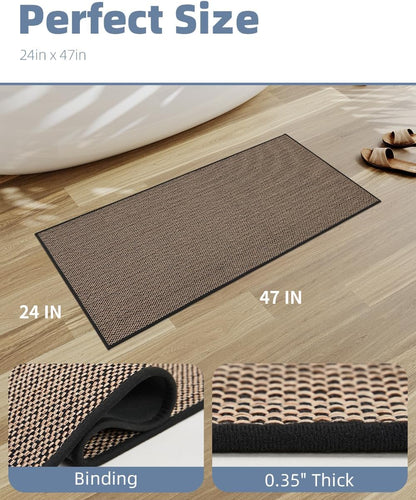PADOOR Non-Slip Bath Mat With Rubber-Backing, Braided Absorbent Machine Washable Thin Rug for Bathroom Floor, Quick Dry, Fits Under Door, 17''x24'' Beige