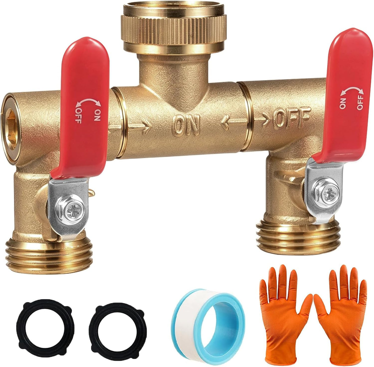 Garden Water Hose Splitter - RV Water Splitter 2 Way Heavy Duty Brass Spigot Hose Splitter - Outdoor Y Hose Bib 2 Valves with 2 Extra Rubber Washers for 3/4" Hose Connector (Blue)