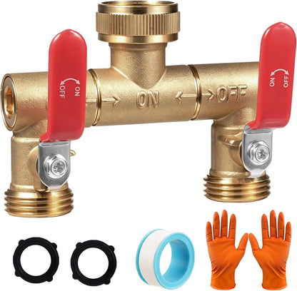 Garden Water Hose Splitter - RV Water Splitter 2 Way Heavy Duty Brass Spigot Hose Splitter - Outdoor Y Hose Bib 2 Valves with 2 Extra Rubber Washers for 3/4" Hose Connector (Blue)