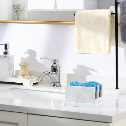 Luxspire Kitchen Sponge Holder, Dish Sponge Holder with with Drain Tray, Marble Sponge Holder for Kitchen Sink, Kitchen Sink Caddy 2 Compartments, Gravel White