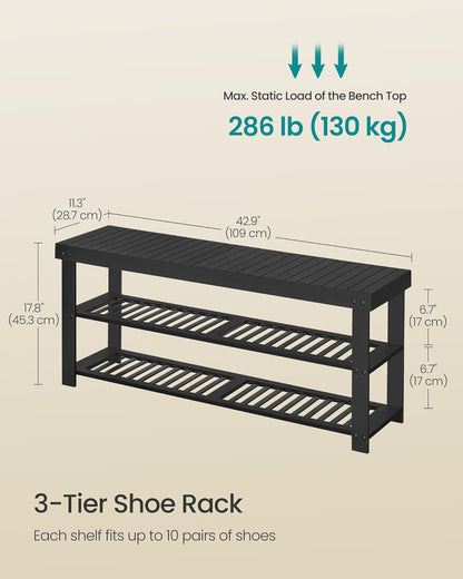 SONGMICS Shoe Rack Bench, 3-Tier Bamboo Shoe Storage Organizer, Entryway Bench, Holds Up to 286 lb, 11.3 x 27.6 x 17.8 Inches, for Entryway Bathroom Bedroom, Ink Black ULBS04H
