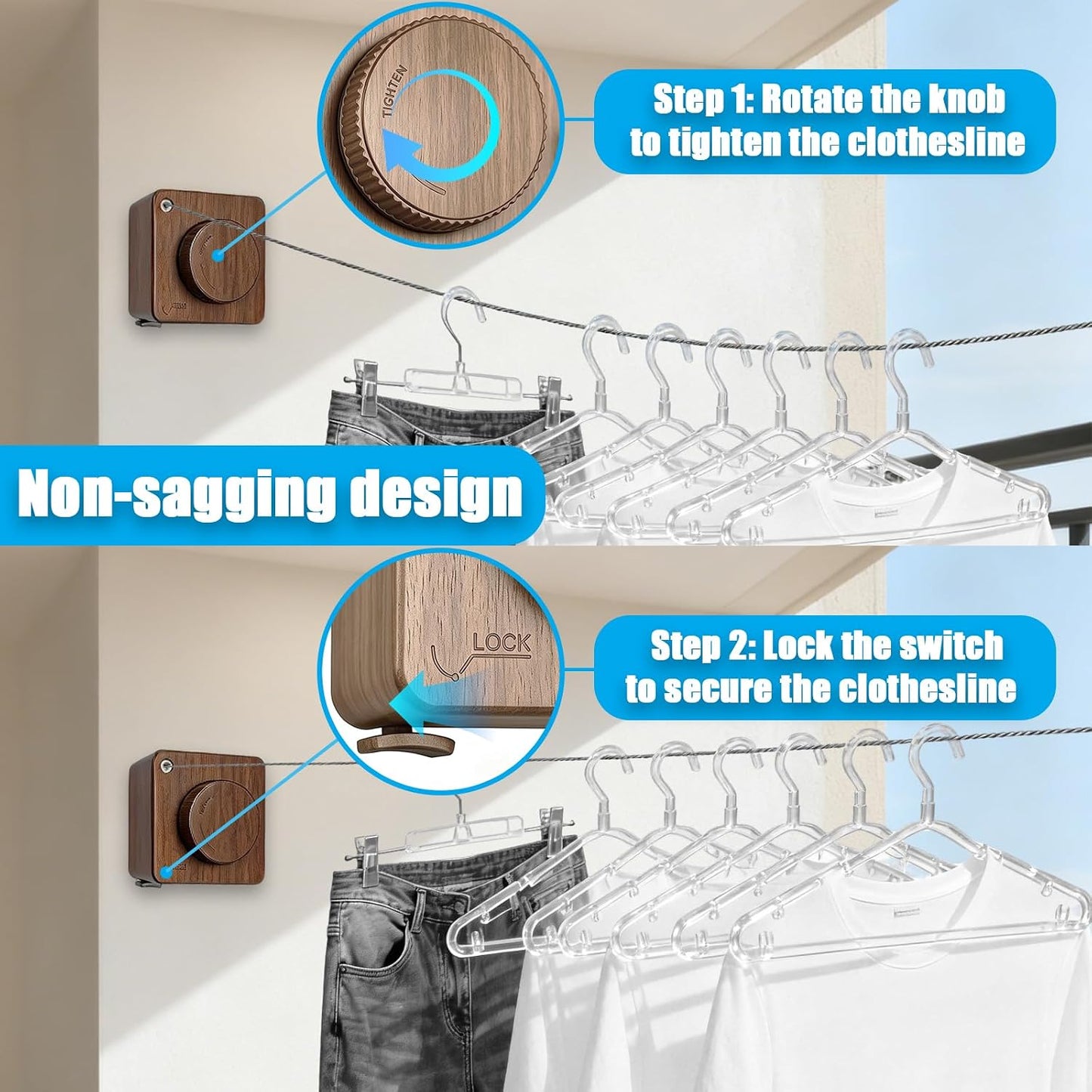 Retractable Clothesline Indoor & Outdoor, 16.2Ft Non-Sagging Stainless Steel Laundry Line with Wall Mounted Heavy Duty Design, Space-Saving Drying Rack for Bathroom, Balcony(1, White)