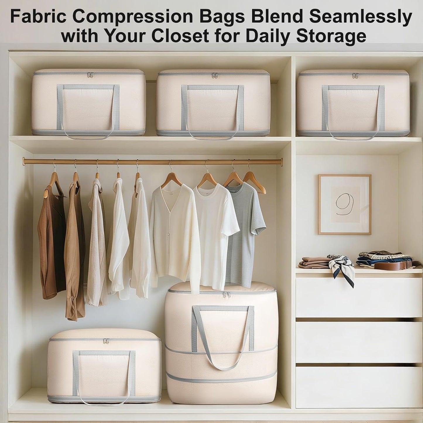Comforter Storage Bag - 130L Large Capacity Blanket Storage Bags 4-Layer Ultra Space Saving Self Compression Organizer, Washable Compression Bags for Storage Comforter Blanket, 2-Pack, Beige