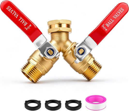Hose Splitter 2 Way Heavy Duty, Full-Flow Brass Garden Hose Splitter with 304 Stainless Steel Long Handle, 3/4" GHT Faucet/Spigot/Hose Bib Connector, Outdoor Water Hose Splitter with Shutoff Valves
