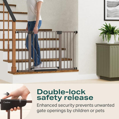 Cumbor 29.7-48" Baby Gate for Stairs, Mom's Choice Awards Winner-Dog Gate for Doorways, Auto Close Safety Pet Gate for Dogs Indoor, Easy Install Pressure Mounted Child Gate with Walk Thru Door, Brown
