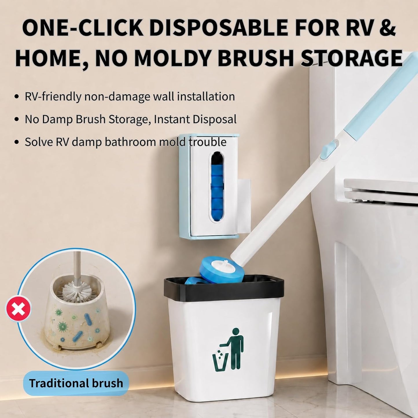 RV Toilet Brush, RV Accessories, Wall Mount Toilet Brush, 64 Toilet Refills | Hands Free Toilet Brush, One-Button Release, RV Toilet Brush and Holder Set, Compact Design, Camper Bathroom Accessories