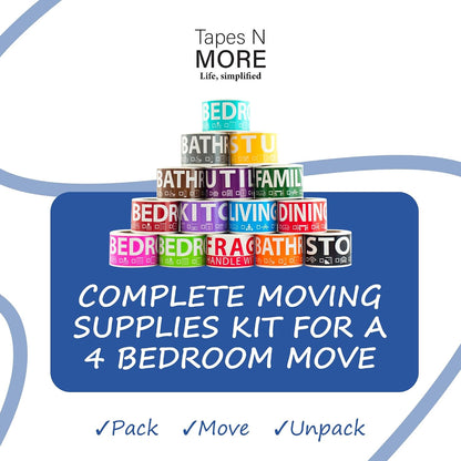 750 Moving Labels for 4 Bedroom Home — Color-Coded Room Stickers & Fragile Labels for Boxes, Supplies, Wardrobe Boxes, Apartment & House Moves