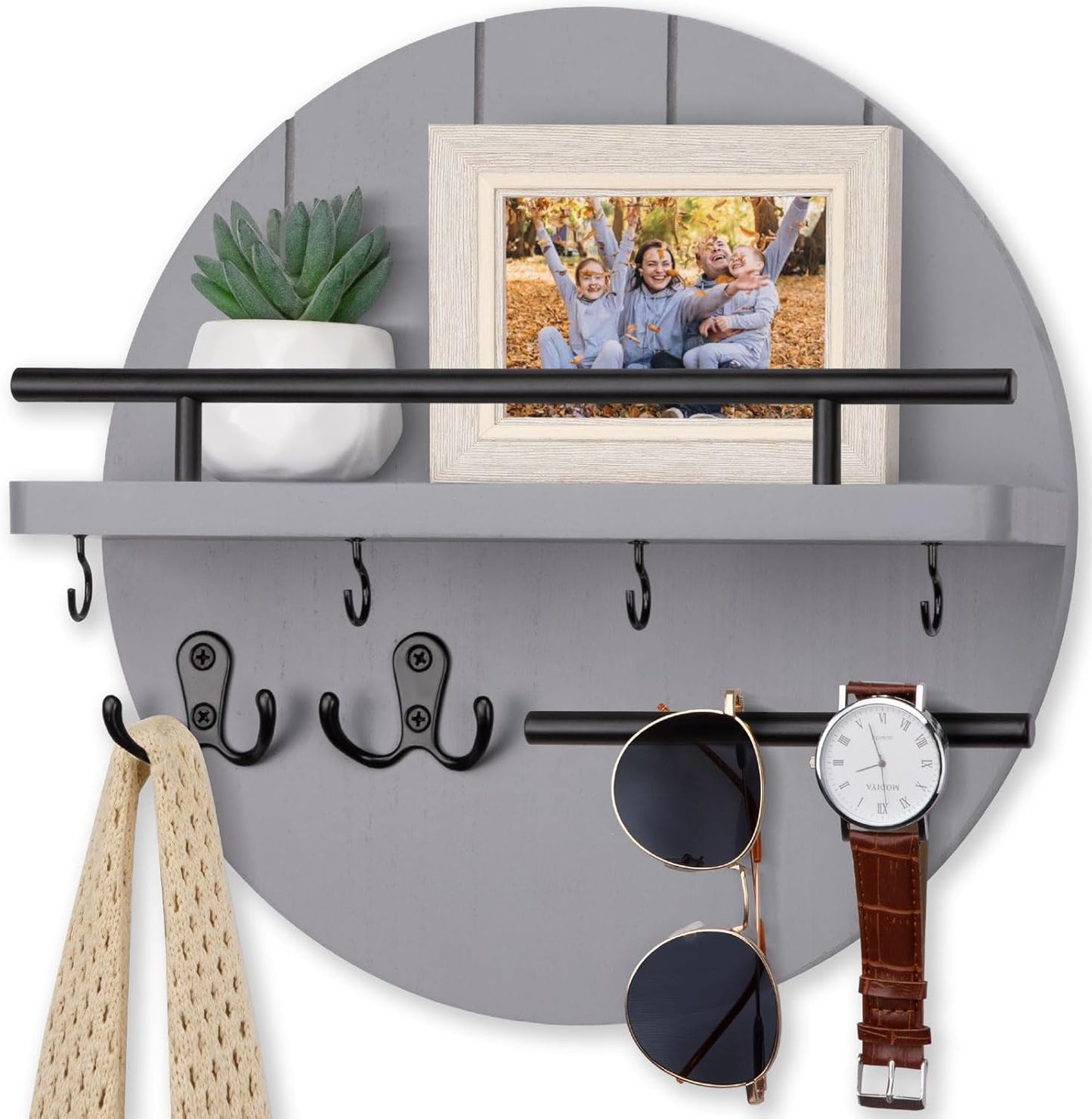 Nekon Key Holder Wall Mount, 11.8 Inch Rack With Shelf and 6 Hooks, Rustic Mail Organizer, Circular Wooden Hanger for Entryway Hallway Kitchen (Brown&Gold)