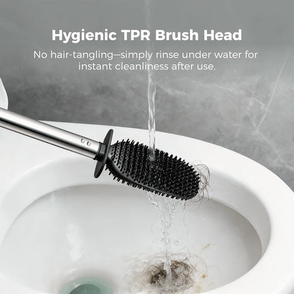 Sineng Silicone Toilet Brush and Holder Set, Stainless Steel Toilet Cleaning Brush, One-Piece Long Handle, Flexible Compact Modern RV Toilet Bowl Brush for Bathroom