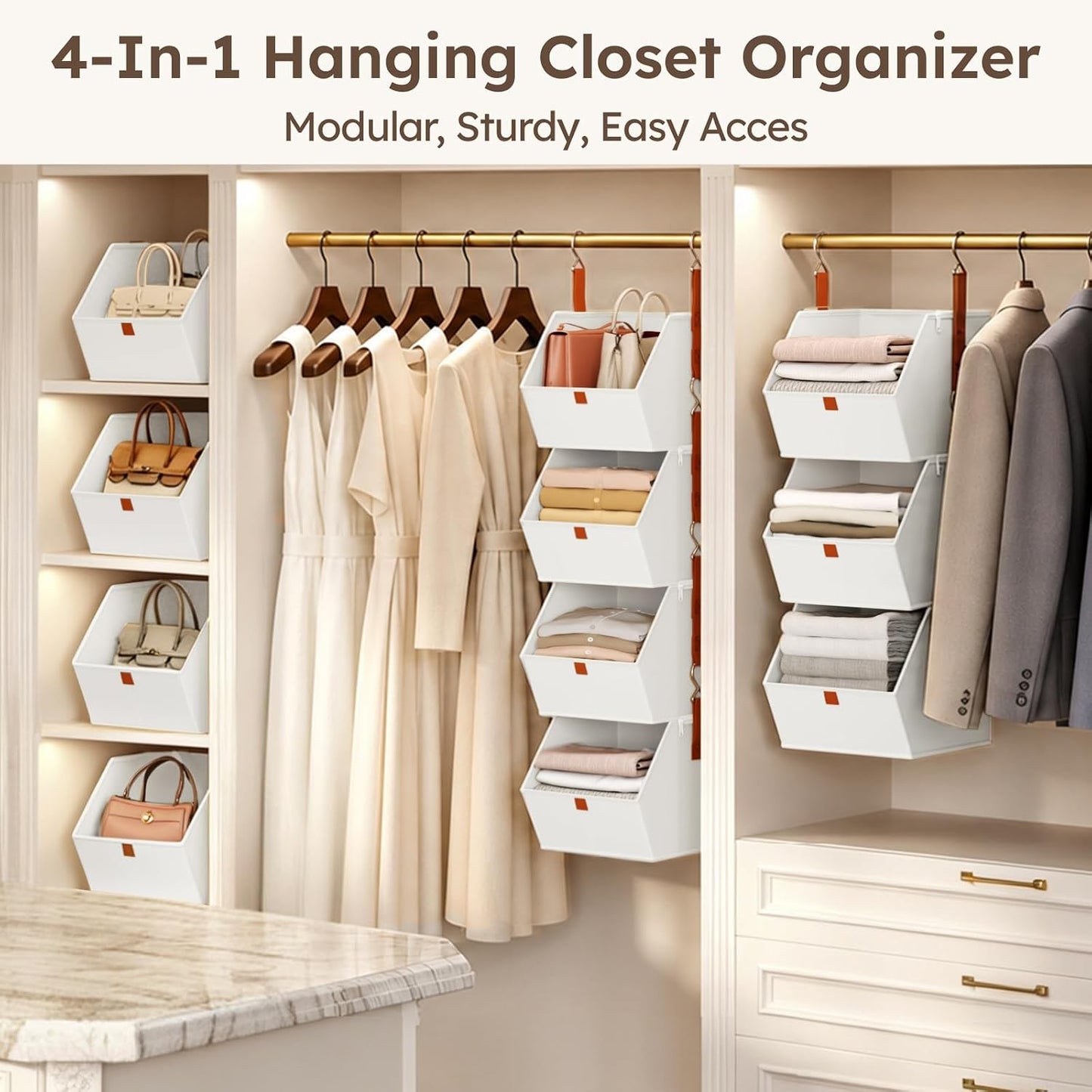 Homsorout Hanging Closet Organizer 4 Tier - Clothes Hanging Shelves, Space-Saving Closet System, Fabric Storage Bins Bedroom Organization, Collapsible Baskets for Home, Dorm, Rv, Beige