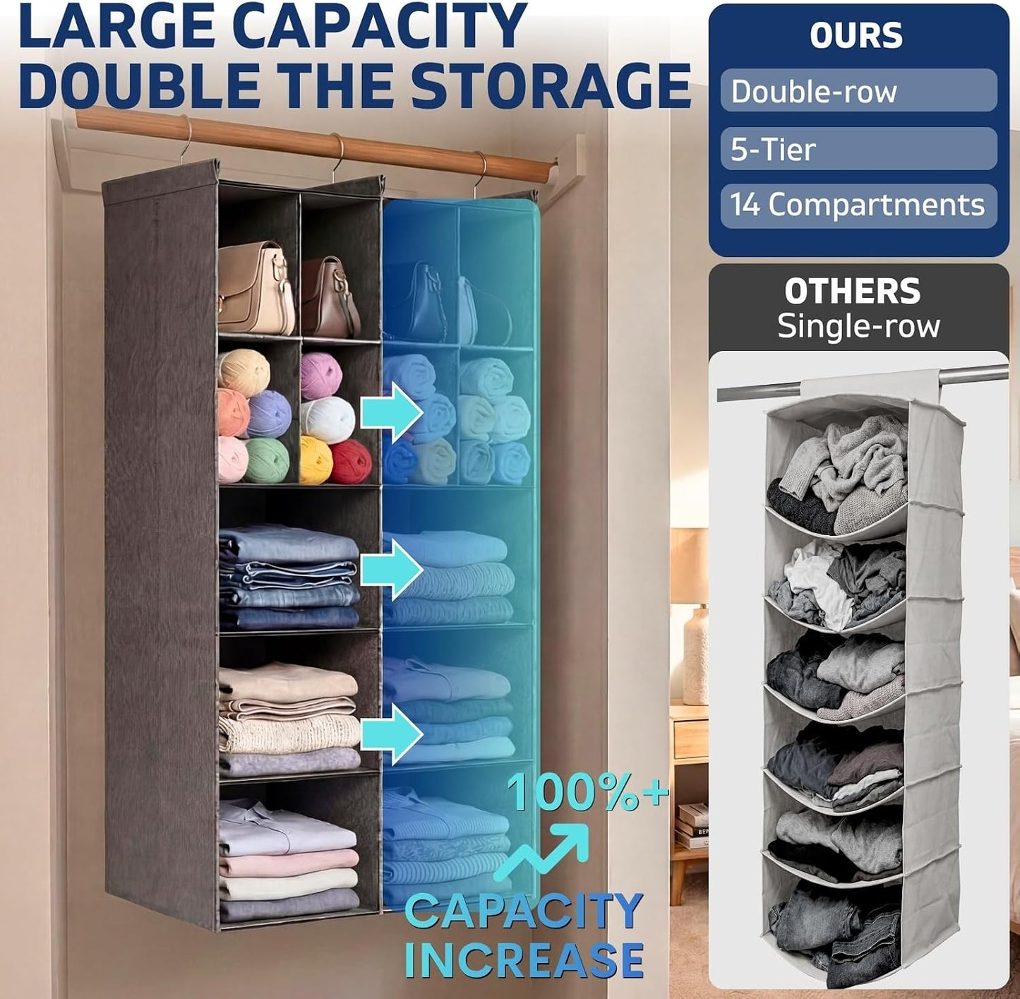 Ofiray-home 6 Tier Hanging Closet Organizer, 16 Compartments Sweater Organizer for Closet with 3 Sturdy Hooks, Closet Organizers and Storage, Wardrobe, Rv, Garment Rack, Grey