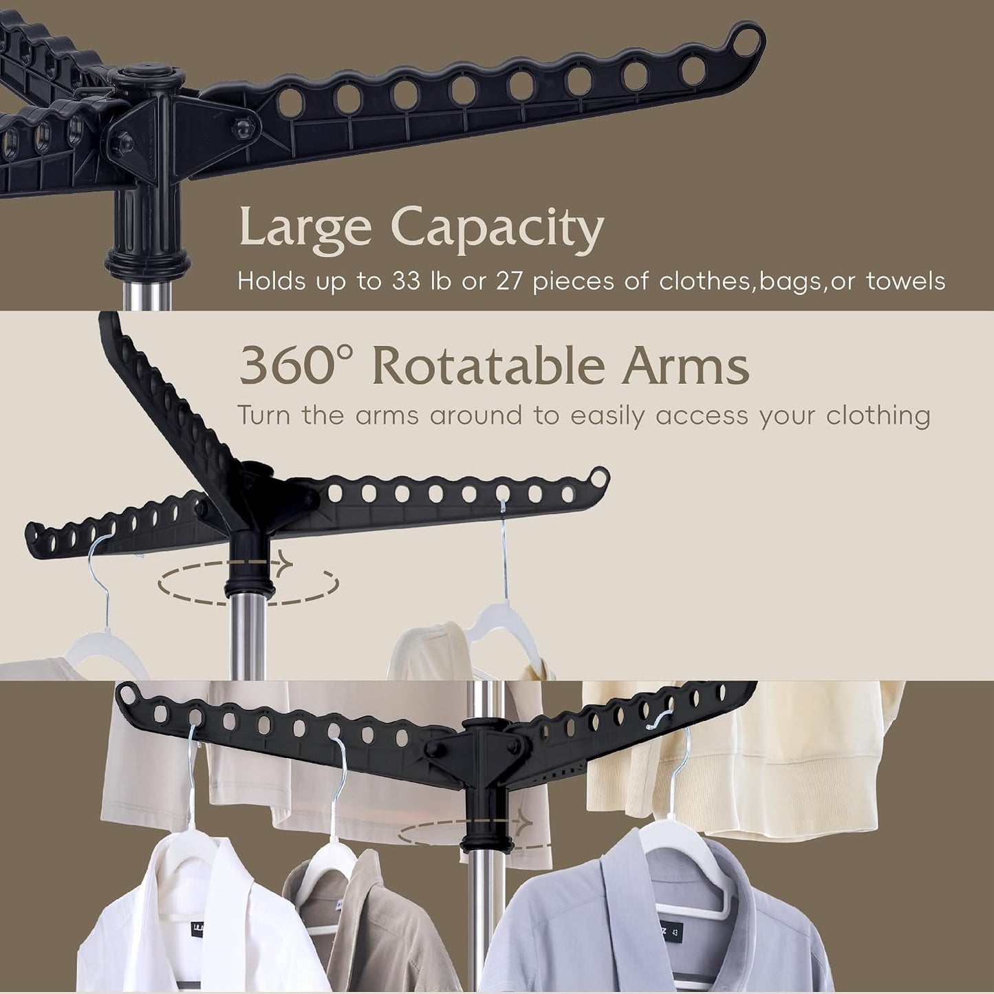Beaudaily Clothes Drying Rack, Foldable 79.5-Inch Laundry Drying Rack,3 Tie, with Rotatable Arms, Stainless Steel, Holds 27 Clothes,8 Towels and 24 Clips for Hanging Socks, White and Silver
