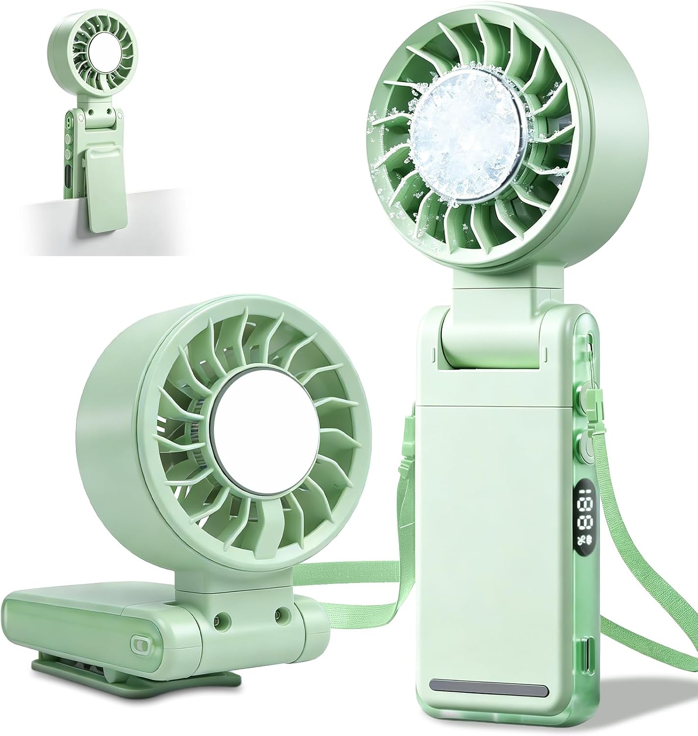 4-IN-1 Clip-On Portable Fan Rechargeable Handheld Mini Fan with lce Cooler,5 Gear High Speed 360° Rotatable Small Fans, for Outdoor, Travel, Beach, and Office (Green)