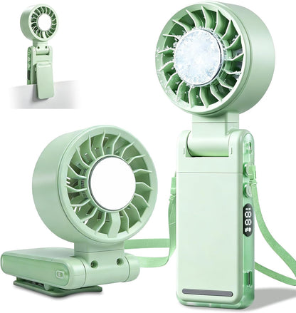 4-IN-1 Clip-On Portable Fan Rechargeable Handheld Mini Fan with lce Cooler,5 Gear High Speed 360° Rotatable Small Fans, for Outdoor, Travel, Beach, and Office (Green)
