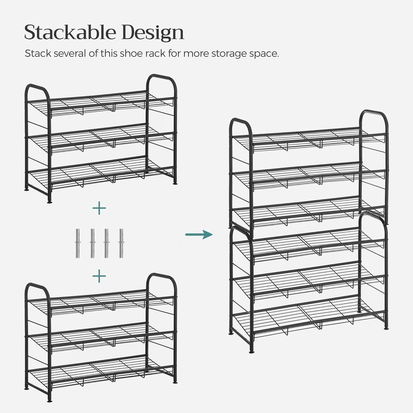 SONGMICS Stackable Shoe Rack, 4 Tier Metal Shoes Rack Storage Shelf, Holds up to 16 Pairs Shoes, Adjustable Slanted Shelves Shoe Tower Organizer for Closet Entryway Small Spaces, Black