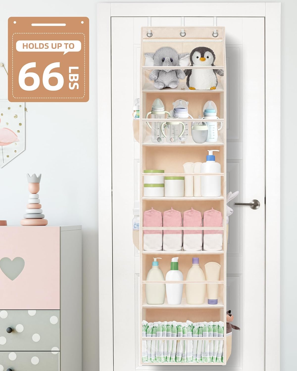 STORAGE MANIAC Over the Door Organizer 6-Shelf Closet Hanging Storage with 14 Mesh Pockets, 66lbs Capacity Clear Deep Pockets Behind Door Storage for Nursery, Bathroom, Bedroom, 1 Pack Grey
