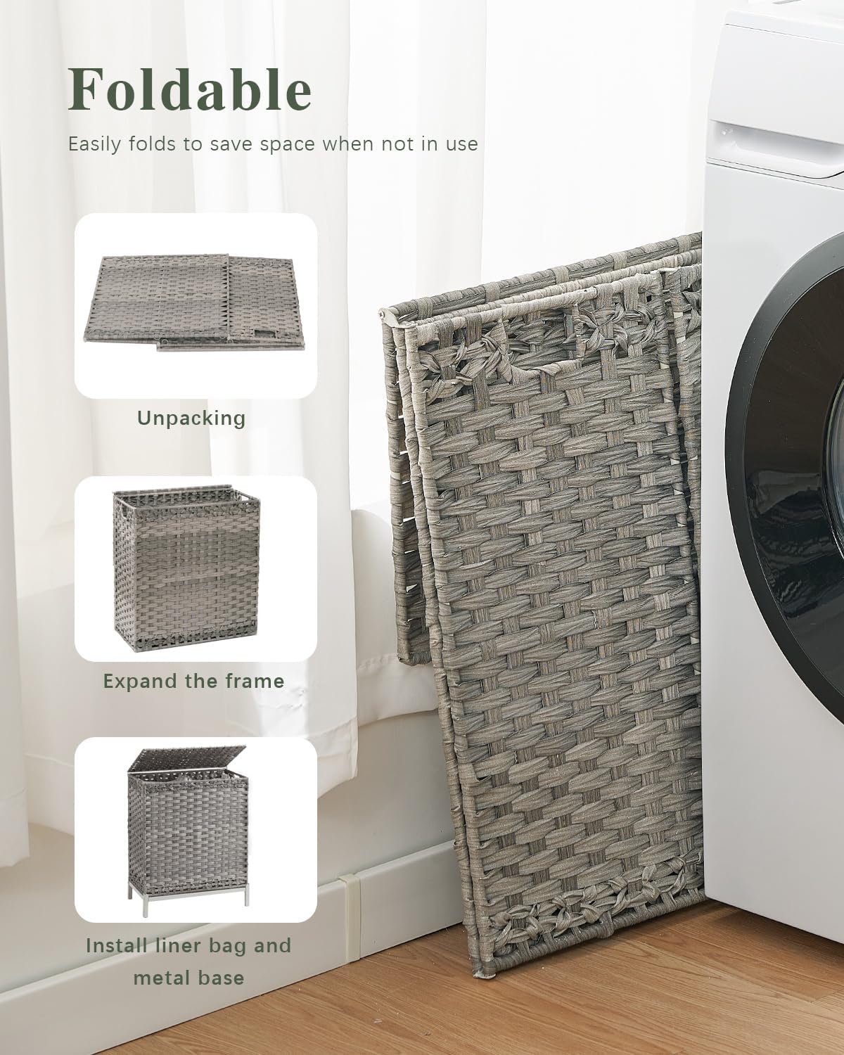 SETVSON Laundry Hamper with Lid 132 L, (35 Gallons) Clothes Hamper with Lid, Handwoven Rattan Laundry Hamper with Metal Heightened Feet, Laundry Hampers with 3 Removable Liner Bags for Laundry-Natural