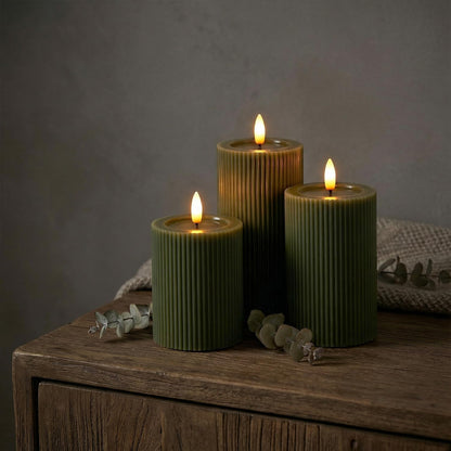 Fluted Ribbed LED Pillar Candles, Cream Beige, with Reflective Melted-Wax Effect – Flickering Flame, Remote, Dimmable, Flameless, Battery Operated, Home & Wedding Decor (Set of 3)