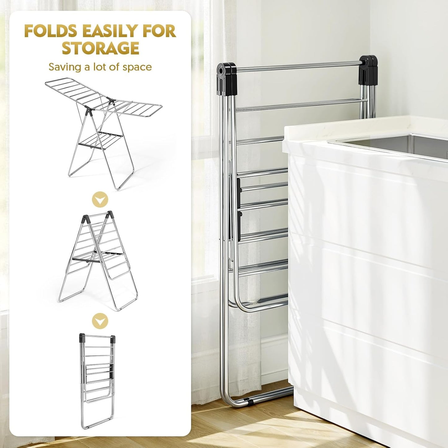 APEXCHASER Large Stainless Steel Clothes Drying Rack, Drying Rack Clothing with Height-Adjustable, Foldable Gullwings Laundry Rack, Indoor Outdoor Use, No Assembly,Black