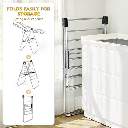 APEXCHASER Large Stainless Steel Clothes Drying Rack, Drying Rack Clothing with Height-Adjustable, Foldable Gullwings Laundry Rack, Indoor Outdoor Use, No Assembly,Black