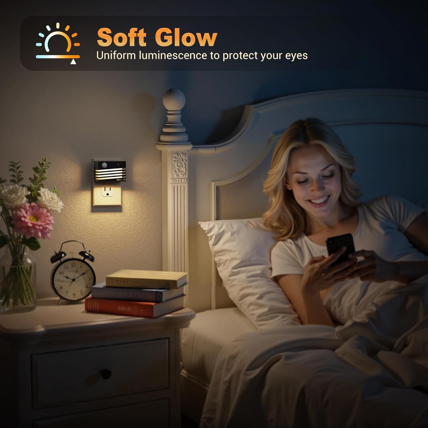 JandCase Motion Sensor Night Light, [2 Pack] Night Lights Plug into Wall, Dusk to Dawn & Motion Sensor, 3 Level Brightness Dimmable Plug in Night Light, 3000K Nightlight for Bedroom Bathroom Hallway
