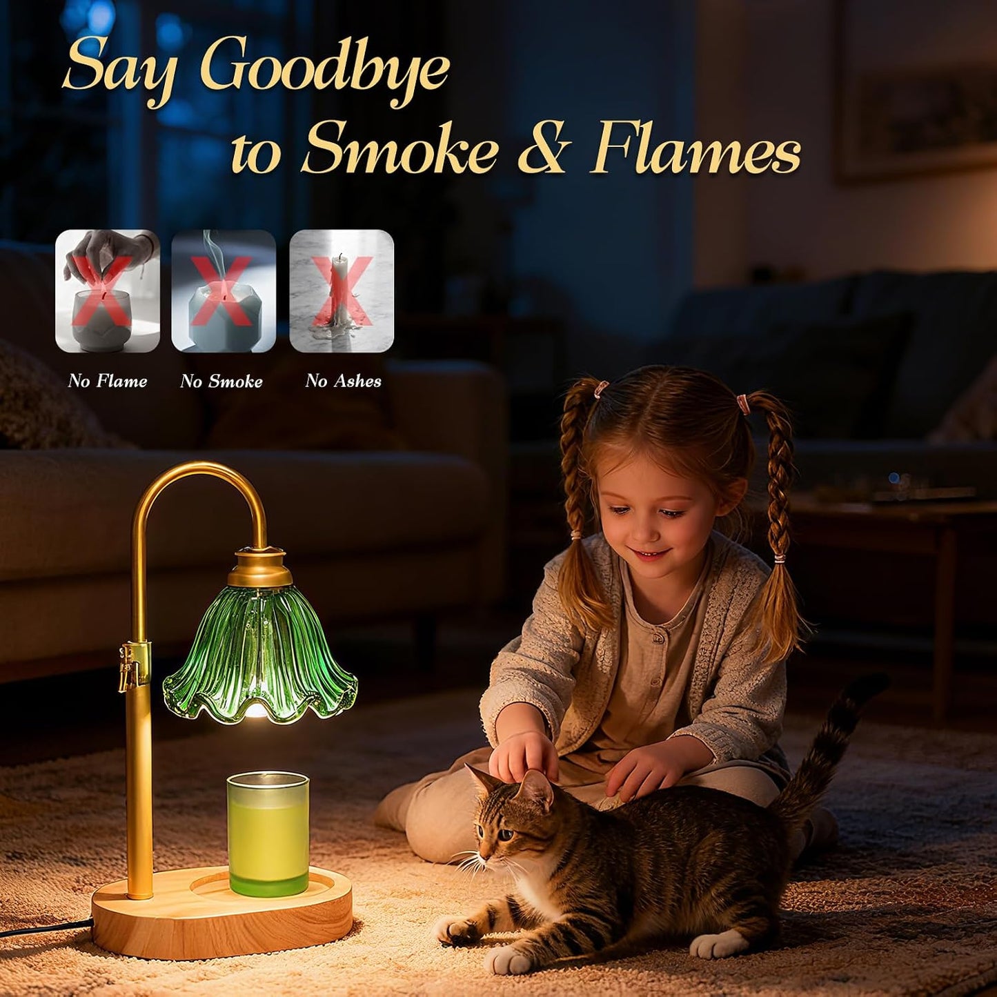 Candle Warmer Lamp with Adjustable Height - Flameless 4-Level Dimmable Wax Warmer, Timer Function & Stylish Design in Multiple Colors (Green)