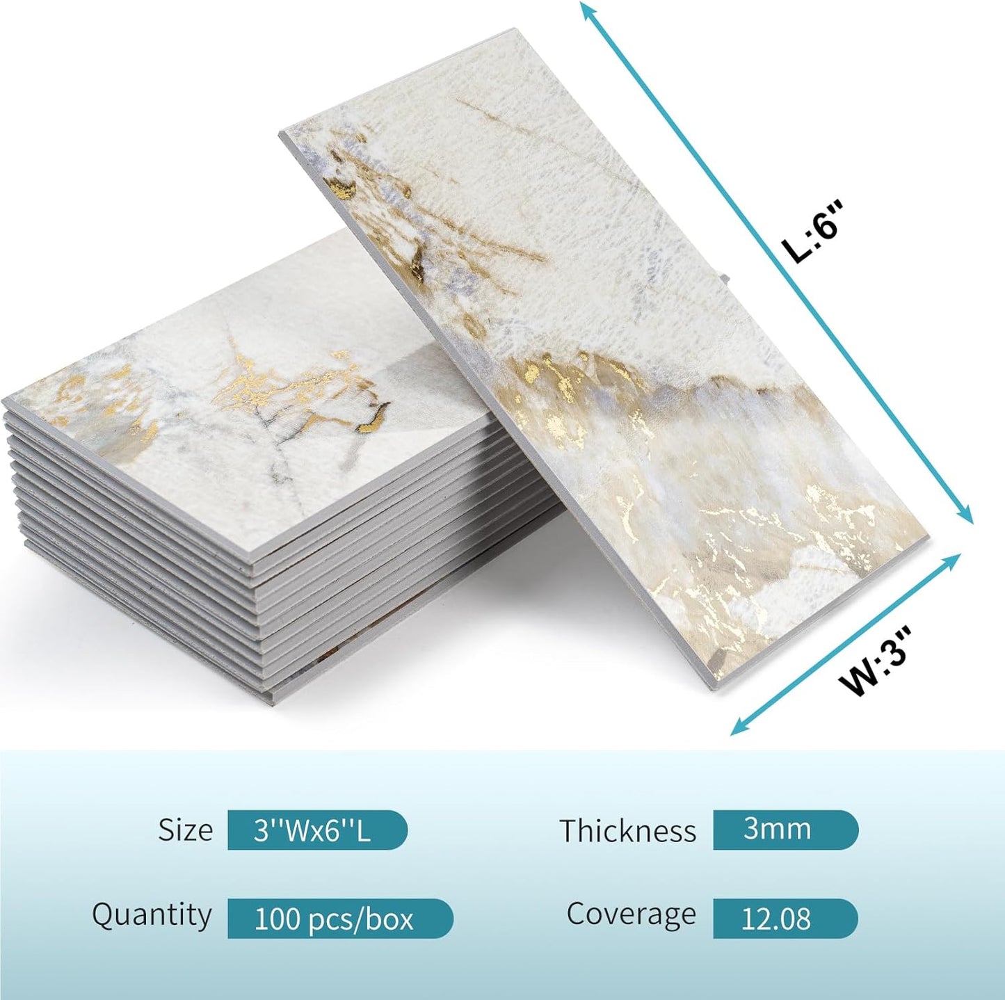 Vamos Tile 100-Piece Glossy Dolomite White Peel and Stick Backsplash Tile,3''x6'' PVC Subway Tile with White Grout, Stick on Backsplash for Kitchen/Bathroom/Fireplace