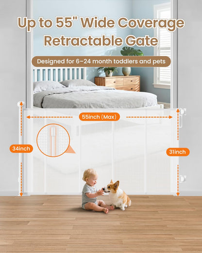 Retractable Baby Gate, 55" Wide Reinforced Mesh Baby Gate with 4 Fiberglass Support Rods for a Tighter Fit, 34" Tall Retractable Dog Gate for Stairways, Hallways and Doorways, Black