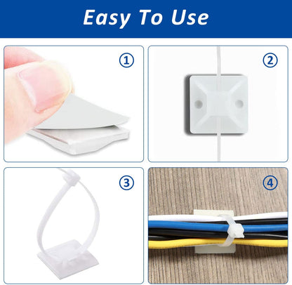 Strong Back-Glue Self Adhesive Cable Zip Tie Mounts Kit - 50 Set Cable Management Clips with 6" Zip Ties, Wire Holders - Outdoor Sticky Wire Organizer Clips-White