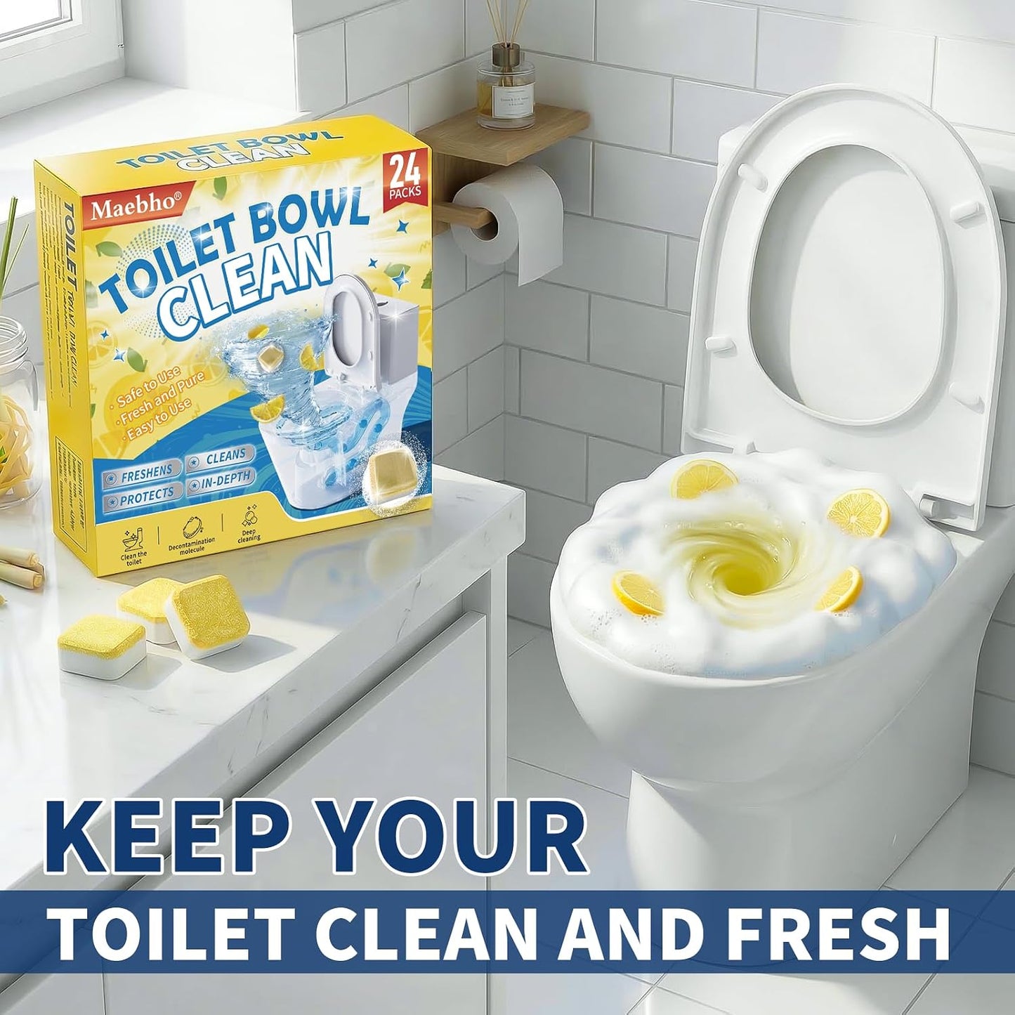 Toilet Bowl Cleaner Tablets – Lots of Foam Deodorizer & Septic Safe, Odor Eliminator, Stain Remover for Long-Lasting Freshness,No Harsh Chemicals,– Fresh Lemon Scent 24 Pack